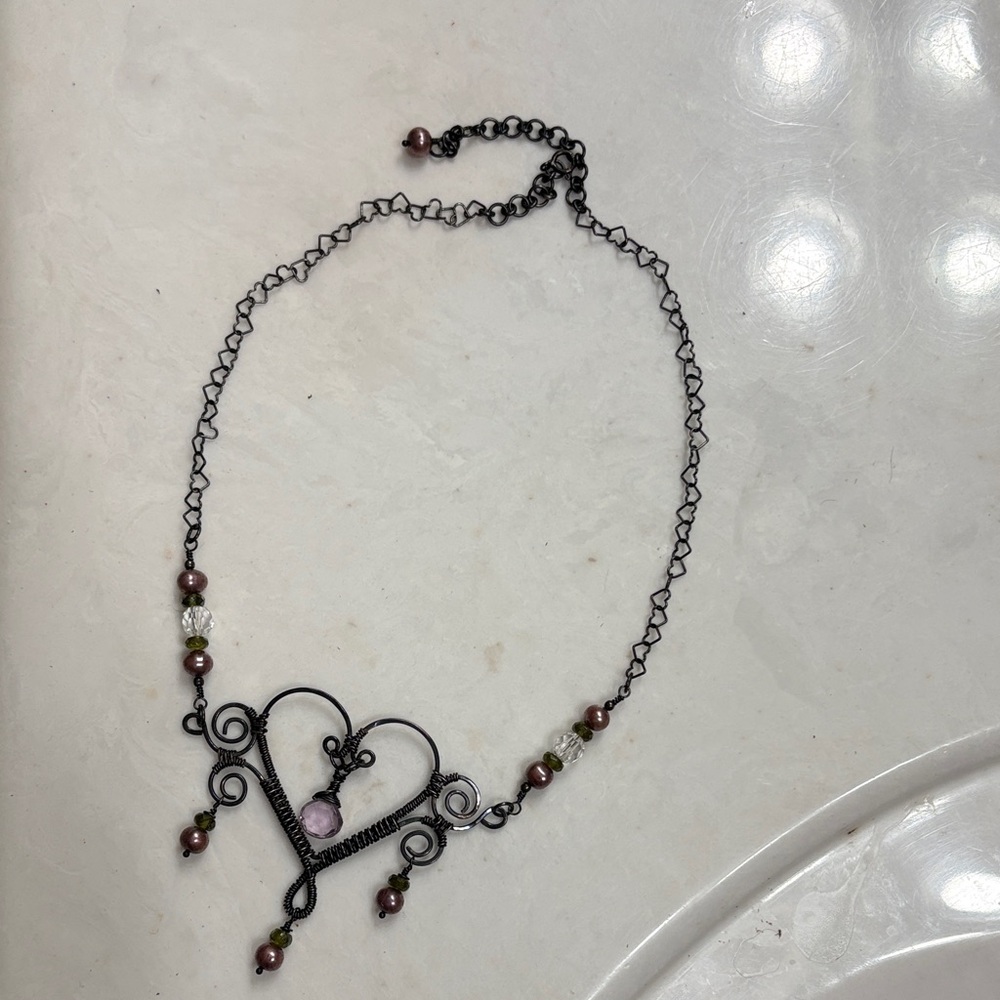 Gothic Heart Pendant Necklace with Pink and Black Accents